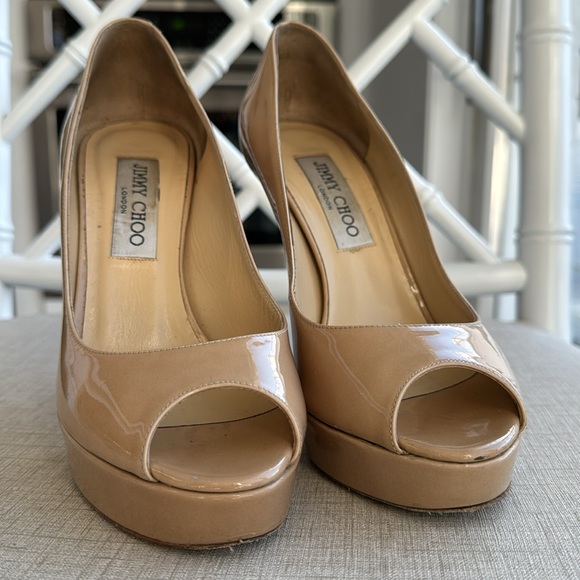 Jimmy Choo Beige Patent Leather Dahlia Peep Toe Platform Pumps Size 36 - Picture 9 of 13